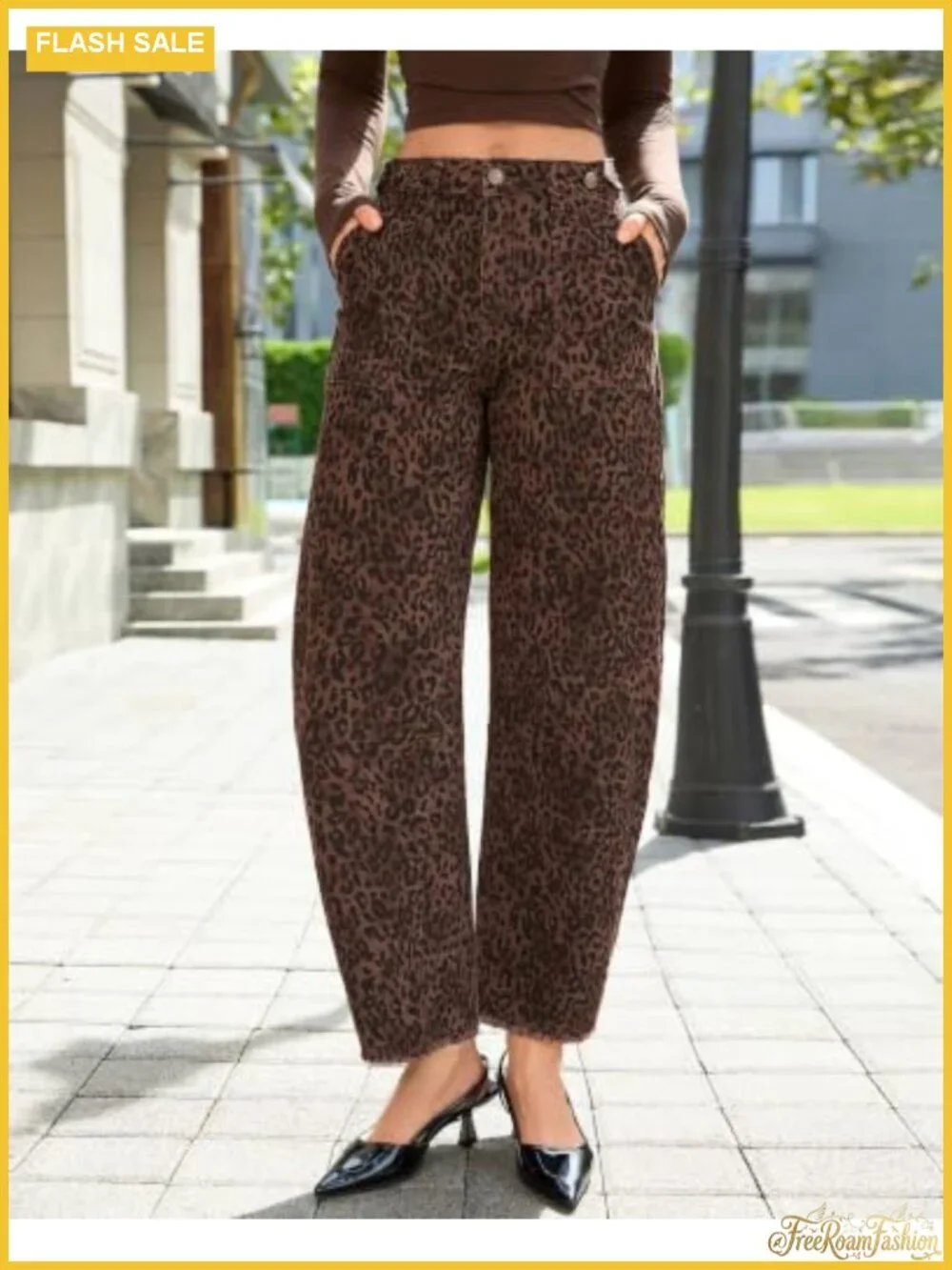 High Rise Barrel Jeans Women Frayed Hem Leopard Print Wide Leg